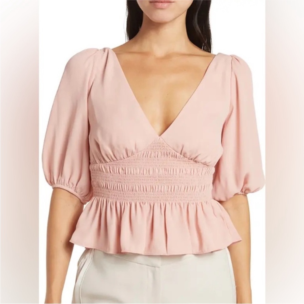NWT Wayf Blush Pink Puff Sleeve Smocked Peplum Crop Top M